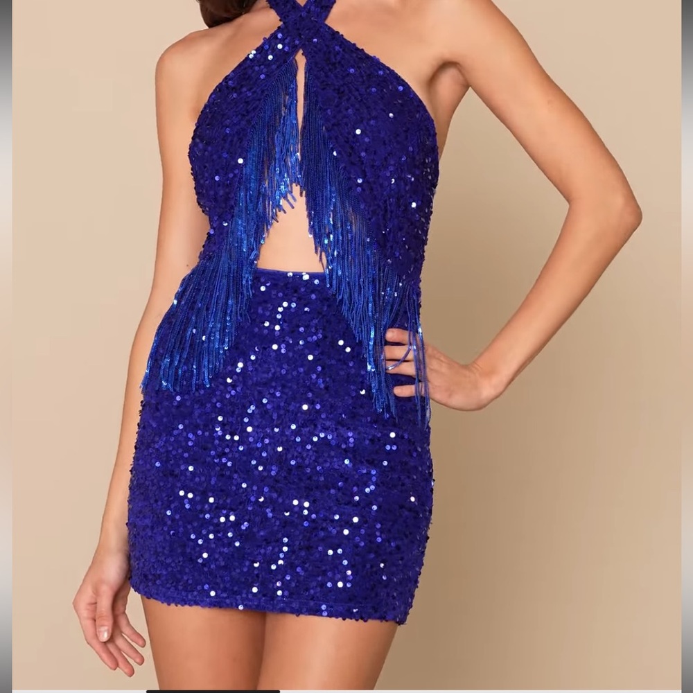 Lulus Royal Blue Elevated Dazzle Velvet Sequin Fringe Halter Mini Dress NWT L‎